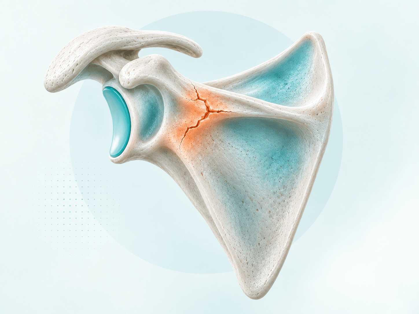 Scapula and shoulder joint render highlighting a chronic overload injury