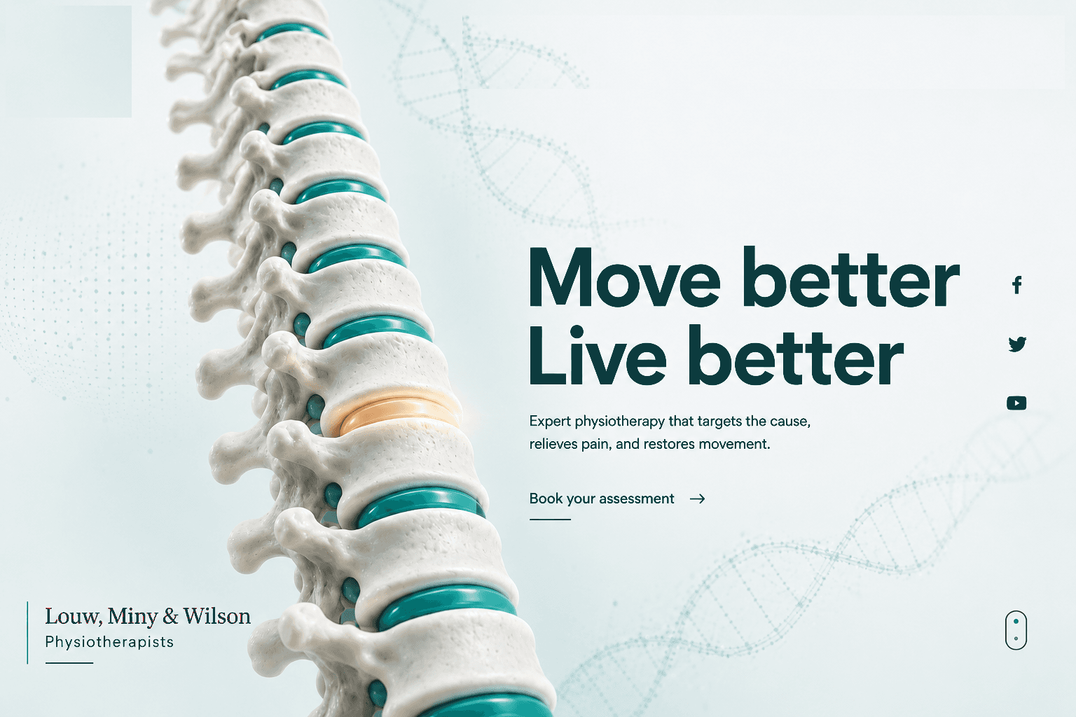 Move better, live better — lumbar spine render with one inflamed disc highlighted